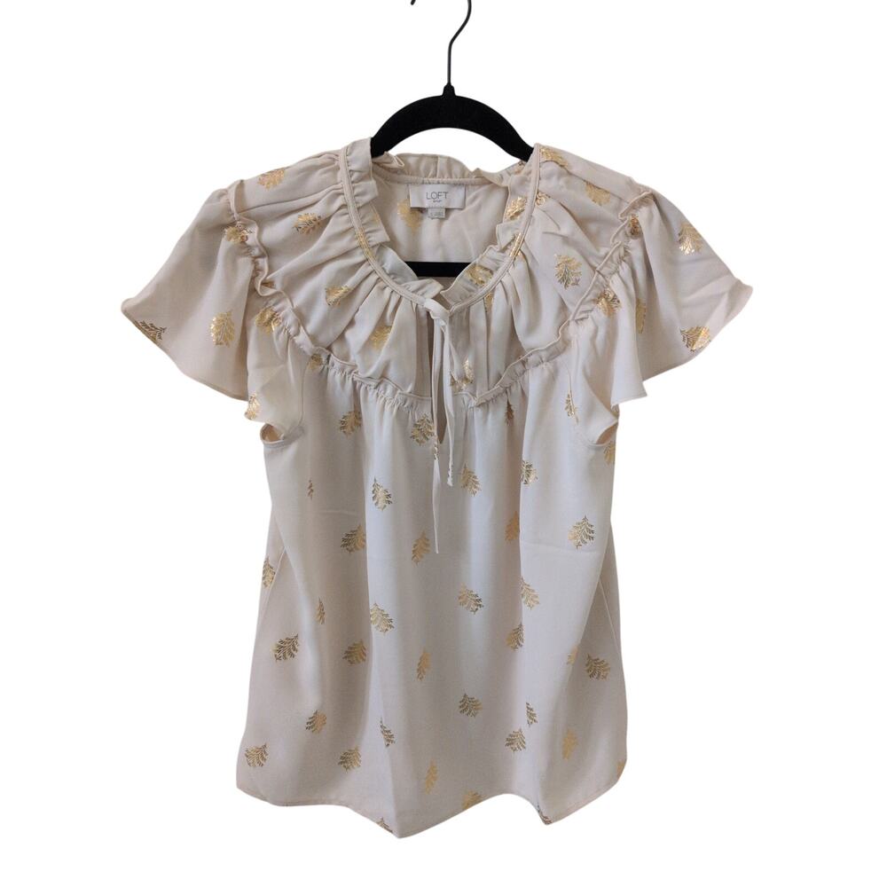 Loft White Blouse Ruffled Flutter Sleeves Gold Metallic Leaf Print Small